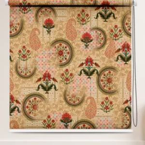 Traditional Indian Floral Paisley Heritage Roller Blind in beige with red Indian motifs and a damask pattern.