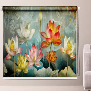 Lotus flower roller blind with red, pink, and yellow floral art on teal background.