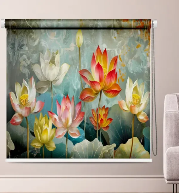 Lotus flower roller blind with red, pink, and yellow floral art on teal background.