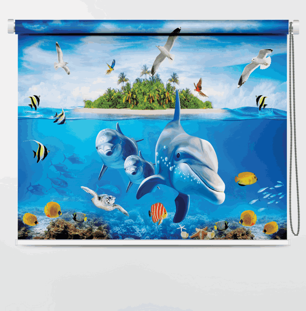 3D Tropical Island & Dolphin Ocean Scene Roller Blind