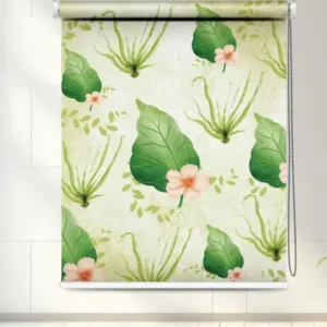 Tropical Green Leaf Roller Blind with Floral Accents