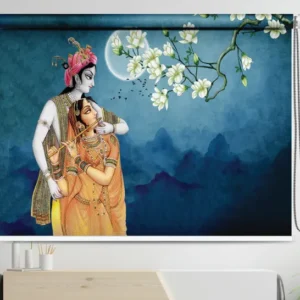 Radha Krishna Romantic Moonlight Roller Blind with Floral Accents