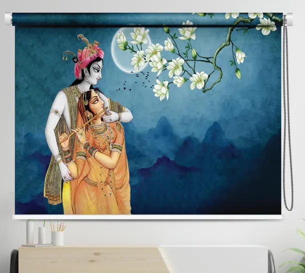 Radha Krishna Romantic Moonlight Roller Blind with Floral Accents