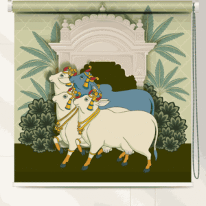 Indian Cow Art Roller Blind featuring cows, traditional archway, and foliage – Indian spiritual window decor