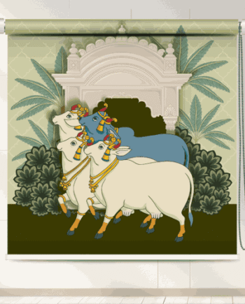 Indian Cow Art Roller Blind featuring cows, traditional archway, and foliage – Indian spiritual window decor