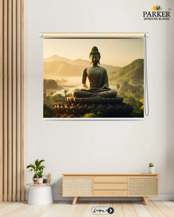 Tranquil Buddha Scenic Roller Blind with sunrise valley landscap