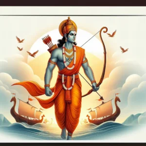 Lord Ram roller blind with bow and arrow standing over ocean with sunrise and ships – spiritual Indian mythology window curtain