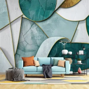Teal & Gold Geometric Mural Premium Canvas Texture Wallpaper with teal, cracked concrete, and gold geometric design behind modern living room sofa