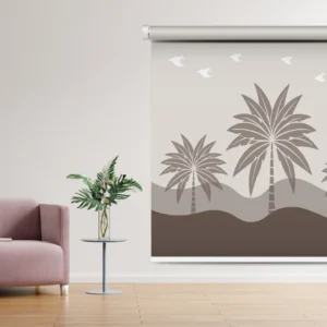 Tropical Palm Tree Printed Roller Blind featuring stylized palm trees and minimalist desert landscape in neutral tones.