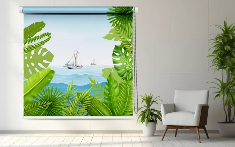 Tropical Sailboat Roller Blind with Ocean View & Jungle Leaves - Custom Fit Window Blind with UV Protection (From ₹159/sq.ft) | Parker Window Blinds