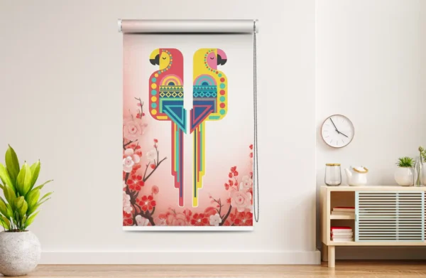 Vibrant Artistic Geometric Parrot & Floral Harmony Roller Blind with pink floral background for modern home decor