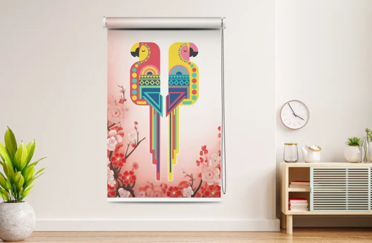 Vibrant Artistic Geometric Parrot & Floral Harmony Roller Blind - Custom Fit Window Blind with UV Protection (From ₹159/sq.ft) | Parker Window Blinds