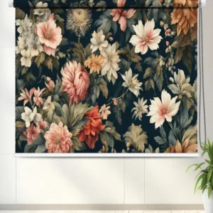 Vintage Floral Roller Blind with Dark Background with peach and ivory flower pattern on a dark background