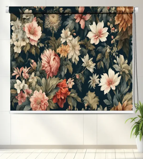 Vintage Floral Roller Blind with Dark Background with peach and ivory flower pattern on a dark background