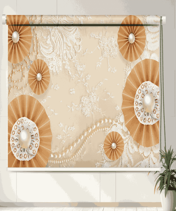ElegantVintage Pearl Lace Roller Blind with beige lace background, pleated golden rosettes, and pearl bead accents in vintage floral design
