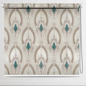 Damask Pattern Roller Blind with vintage damask pattern in beige and taupe tones, accented with teal floral medallions