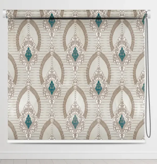 Damask Pattern Roller Blind with vintage damask pattern in beige and taupe tones, accented with teal floral medallions