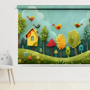 Whimsical Forest Roller Blind for Kids with birds, trees, birdhouses, and flowers – ideal for kids' rooms.
