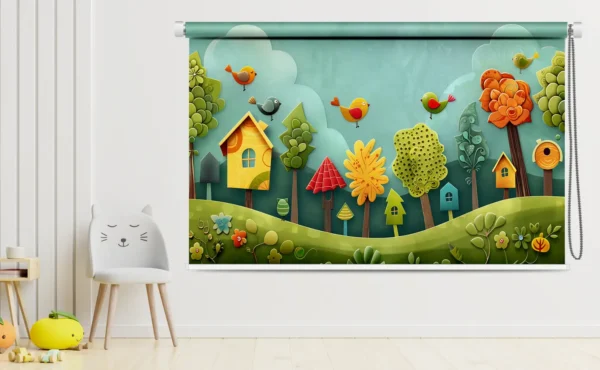 Whimsical Forest Roller Blind for Kids with birds, trees, birdhouses, and flowers – ideal for kids' rooms.