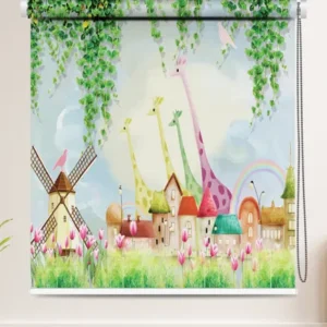 Colorful Whimsical Giraffe Village Roller Blind featuring cartoon giraffes, village houses, tulips, and windmills for kids' room