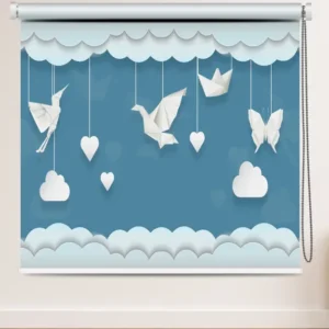 Whimsical Sky Origami Roller Blind with blue sky background featuring hanging origami paper birds, hearts, clouds, butterfly, and paper boat in a whimsical design