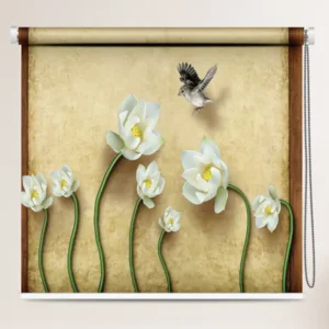 White Lotus & Bird Roller Blind with blooming white lotus flowers and a flying bird on a beige textured background
