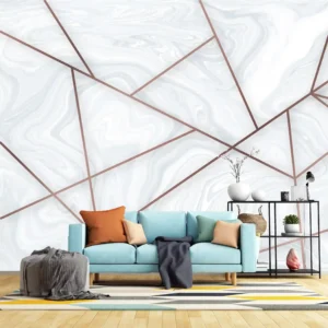 White Swirl with Copper Line Pattern Modern Geometric Wallpaper with abstract copper geometric line design in living room setup with teal sofa