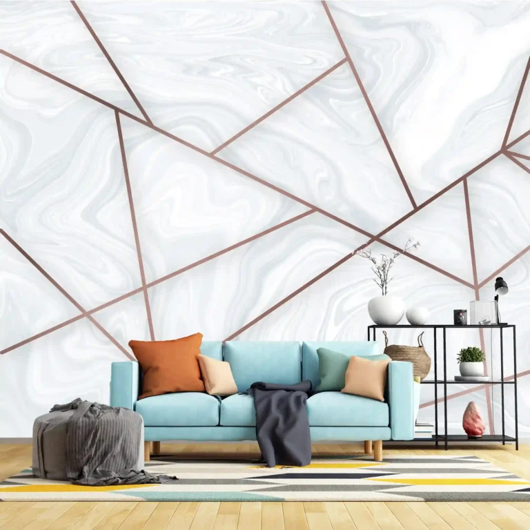 White Swirl with Copper Line Pattern Modern Geometric Wallpaper - Custom 3D Wall Mural for Living Room & Bedroom (From ₹70/sq.ft) | Parker Window Blinds