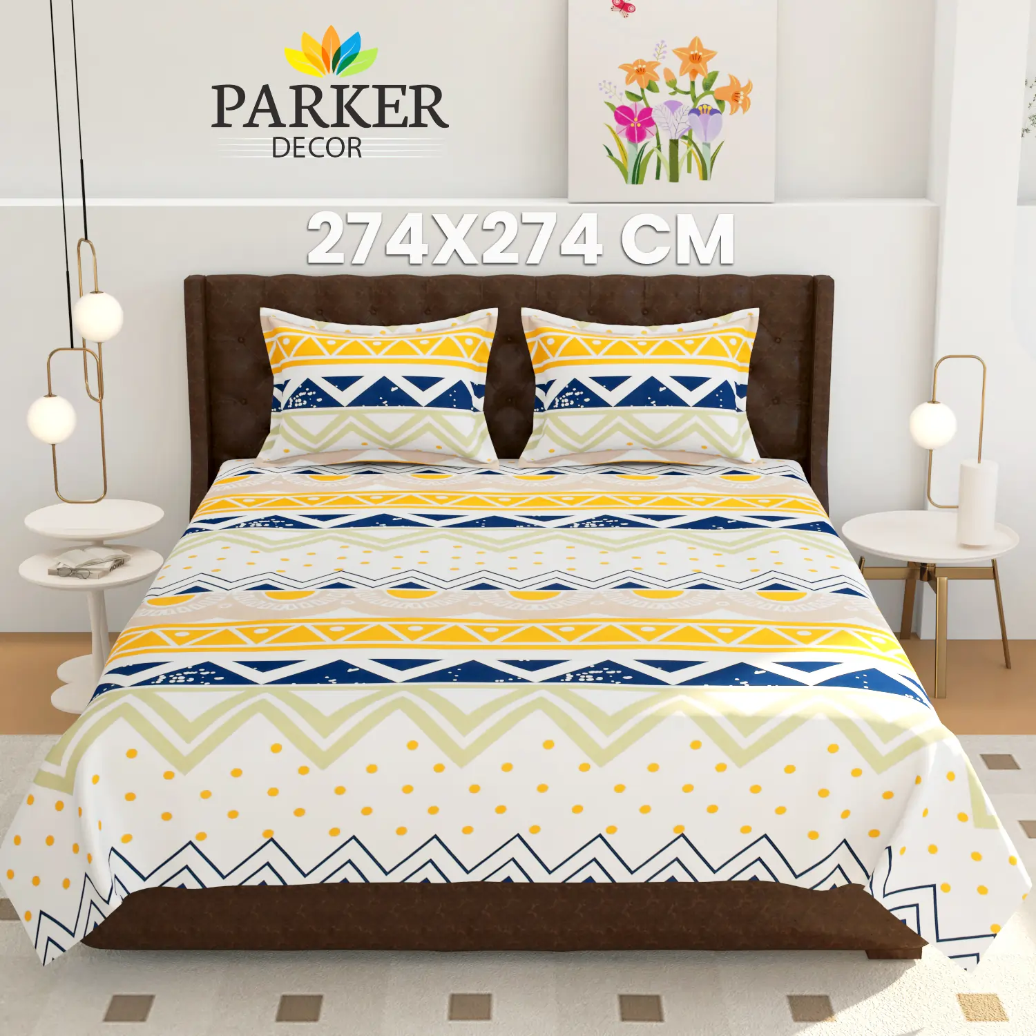 Tribal Chevron Print in Yellow, Navy & Olive Super King Bedsheet