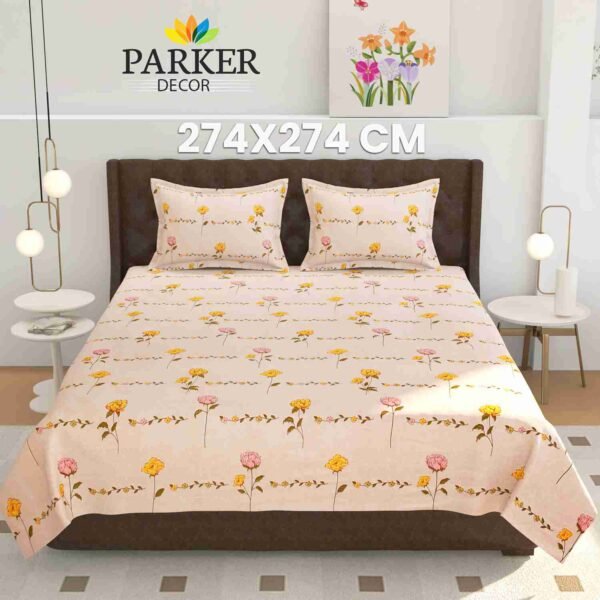 Peach floral super king bedsheet with horizontal yellow and pink floral line design in cotton blend fabric, styled on a modern dark bed by Parker