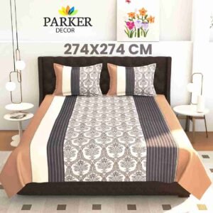 Super King Size Striped & Floral Panel Bedsheet with charcoal floral panel and taupe-striped borders on a cotton blend fabric, styled on a modern bed by Parker