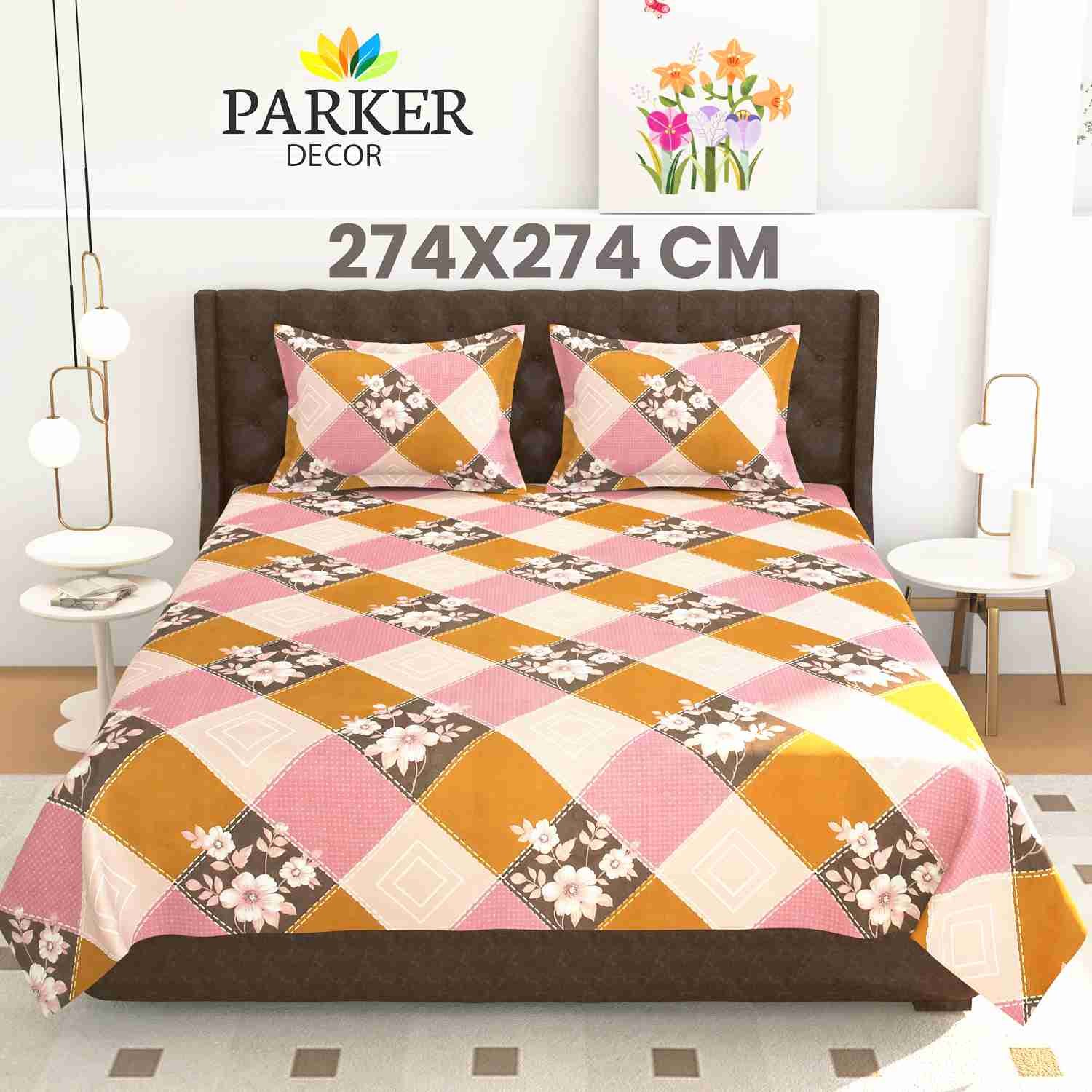 Pink & Mustard Floral Patchwork Diamond Design Super King Bedsheet