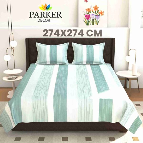 Aqua & White Vertical Stripes Super King Bedsheet with vertical aqua and white stripes in a cotton blend fabric, styled in a modern bedroom by Parker