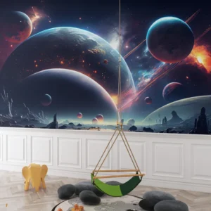 3D Epic Galaxy Planet Wallpaper featuring colorful planets, nebulae, and stars in outer space, cosmic wall decor for kids and gaming rooms.