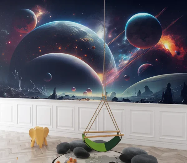 3D Epic Galaxy Planet Wallpaper featuring colorful planets, nebulae, and stars in outer space, cosmic wall decor for kids and gaming rooms.