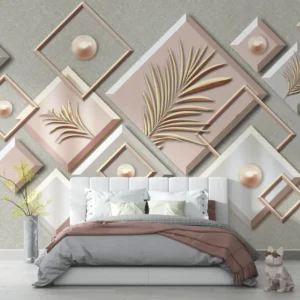3D Golden Leaf & Pearl Panel Wallpaper with golden palm leaves, pearls, and blush pink panels behind a modern bedroom bed