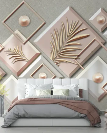 3D Golden Leaf & Pearl Panel Wallpaper with golden palm leaves, pearls, and blush pink panels behind a modern bedroom bed