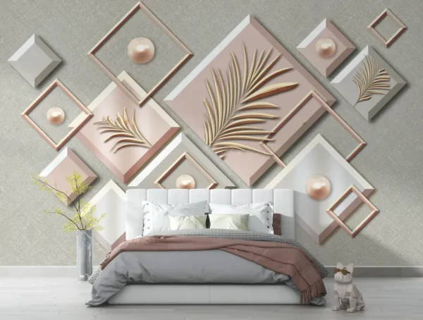 3D Golden Leaf & Pearl Panel Wallpaper with golden palm leaves, pearls, and blush pink panels behind a modern bedroom bed
