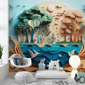 3D Storybook Forest & River Wallpaper for Kids Room & Nursery Decor, with paper-cut style trees, birds, and waves.