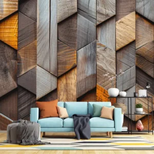 3D Textured Rustic Wood Panel Wallpaper with Rustic Timber Texture in Living Room Interior