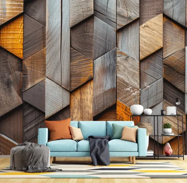 3D Textured Rustic Wood Panel Wallpaper with Rustic Timber Texture in Living Room Interior