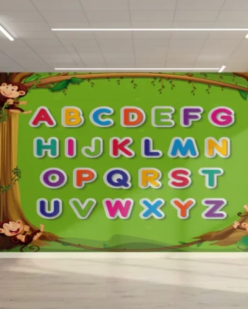 ABC Jungle-Themed Learning Wallpaper with colorful uppercase alphabet letters and cartoon monkeys