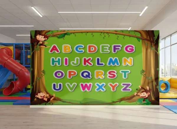 ABC Jungle-Themed Learning Wallpaper with colorful uppercase alphabet letters and cartoon monkeys