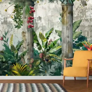 Tropical botanical wallpaper mural with Roman-style stone columns and lush green jungle plants for living room décor.