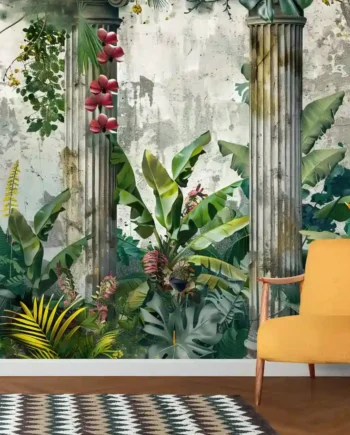 Tropical botanical wallpaper mural with Roman-style stone columns and lush green jungle plants for living room décor.