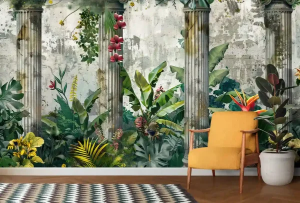 Tropical botanical wallpaper mural with Roman-style stone columns and lush green jungle plants for living room décor.
