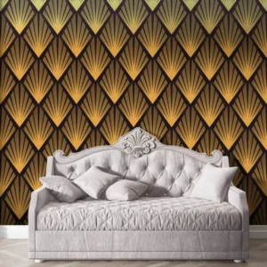 Art Deco Gold Fan Vintage Geometric Pattern Wallpaper on Black Background for Glamorous Interior Decor