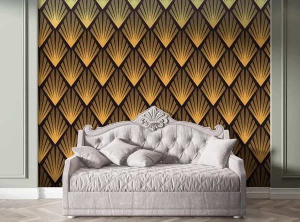 Art Deco Gold Fan Vintage Geometric Pattern Wallpaper on Black Background for Glamorous Interior Decor
