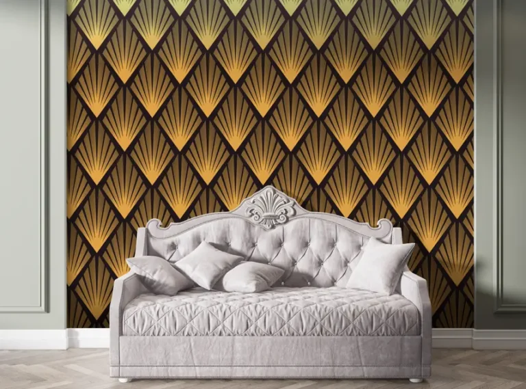 Art Deco Gold Fan Vintage Geometric Pattern Wallpaper - Custom 3D Wall Mural for Living Room & Bedroom (From ₹70/sq.ft) | Parker Window Blinds