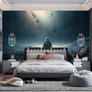 Astronaut Galaxy View Customized Wallpaper featuring a space-themed illustration with an astronaut on an alien planet under a glowing galactic sky.